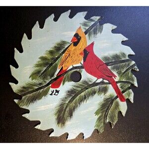Vintage Hand Painted SIGNED LD Saw Blade 7" Rare Yellow and Red Cardinals BIRDS
